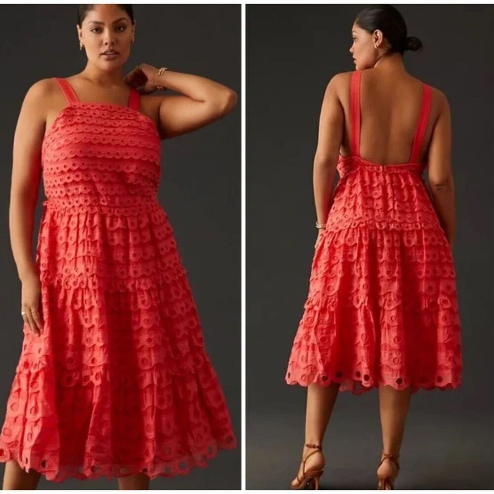 Anthropologie Red Eyelet Midi Dress
